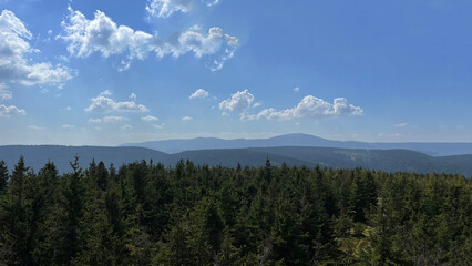 Panoramic view of forested mountains in Poland and the Czech Republic.