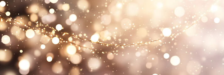 Wall Mural - Festive abstract Christmas bokeh light background - golden bokeh lights, beige - New Year, Anniversary, Wedding, banner, header, panorama