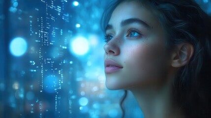 a serene young woman stares in awe at a digital landscape where the calming blue tones create a sanctuary amidst the chaos of technology emphasizing her journey of selfdiscovery