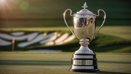 Golf championship trophy with golf course Background