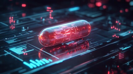 Aufkleber - A translucent red capsule rests on a high-tech surface filled with glowing circuits and data displays. The vibrant colors and intricate patterns suggest advanced technology in a laboratory setting.