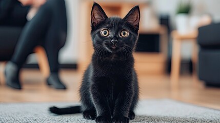 A black cat rests calmly on a cozy carpet within a stylish living room, basking in warm natural light that highlights its elegant features and relaxed posture