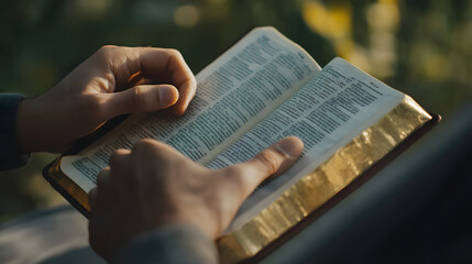 Close-up of Christian man's hands while reading the Bible outside.Sunday readings, Bible education. spirituality and religion concept. Reading a book.