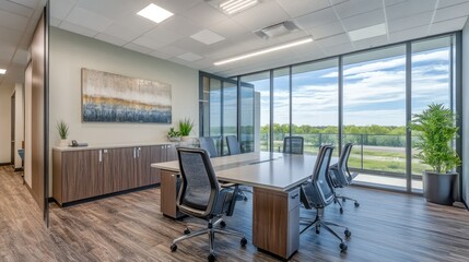 Contemporary office space with glass walls and neutral decor, leaving room for copy on the wall.