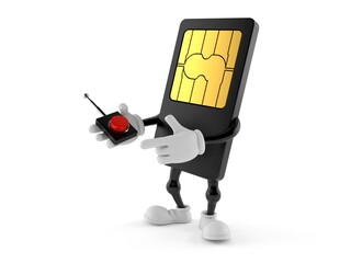 Poster - SIM card character pushing button on white background