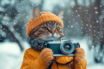 Cat photographer takes a picture on a retro camera. Winter season.