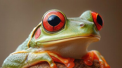 a striking image features a green frog with captivating red eyes poised against a neutral background drawing attention to its unique features and vibrant colors