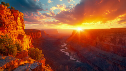 Wall Mural - Sunset with fiery sky illuminating canyon cliffs and a winding river, creating a dramatic atmosphere