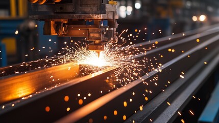 Canvas Print - Industrial laser cutting machine generating sparks while shaping metal at a manufacturing facility during daytime