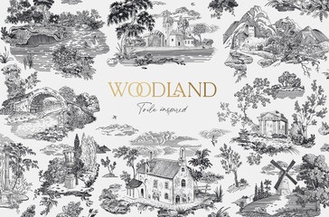 horizontal card. woodland. toile inspired. vector vintage illustration. black and white.