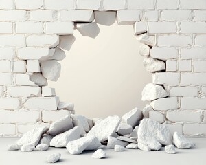 3D illustration of a destroyed concrete wall with a hole and stones falling out,