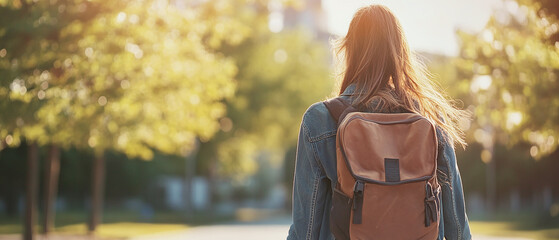 College student walking to campus, education concept banner with copy space