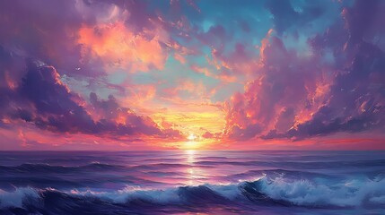 A stunning sunset paints the sky over the ocean.  Colorful clouds drift across the horizon as the sun dips below the waves, creating a beautiful and awe-inspiring sight.