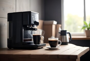 Wall Mural - A coffee machine with two cups of freshly brewed coffee on a wooden table, with a blurred background