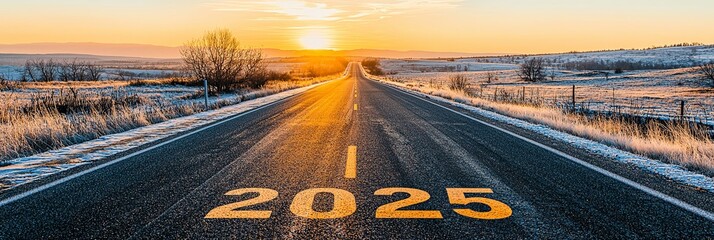 An inspiring road stretches into the distance towards the year 2025, highlighted by a vibrant sunrise, symbolizing hope and new beginnings in a picturesque landscape.