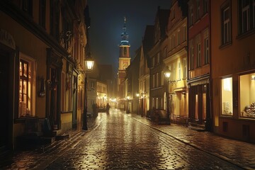 Poland, Warmian-Masurian Voivodeship, Elblag, Illuminated old town streets at night, Generative AI