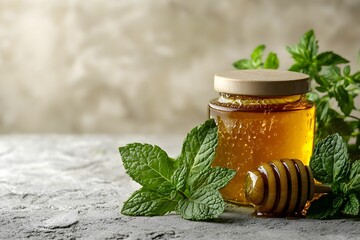 Fresh mint leaves and honey jar on a textured surface in natural light