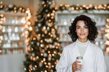 A beautiful pharmacist woman with dark hair in a white coat holds a jar of medicine. There is a Christmas tree and decorated storefronts in the background. The atmosphere of the holiday and Christmas.