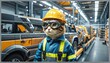© AuraBloom - Quality inspection cat - wearing safety helmet and goggles on the car assembly line