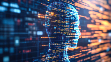 Binary profile with glowing technological patterns