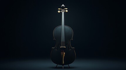 A black cello with gold hardware stands on a black stand against a dark background.