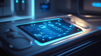 Leinwandbilder - In a modern laboratory, a high-tech control panel features a glowing blue interface filled with digital displays and circuitry designs