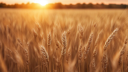 Wheat Field during Sunset Landscape, Close-up of Ears of Golden Wheat, Grain Crop Season