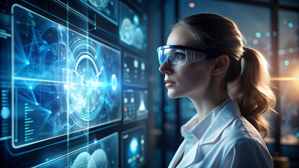 female scientist in dark office using vr, futuristic holographic data screens digital painting, close up view 