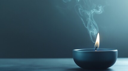 Canvas Print - A blue candle burning in a dark room with smoke rising.