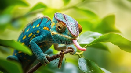 A chameleon catching a grasshopper with its tongue, highlighted in soft focus against lush green nature, emphasizing animal behavior.