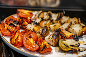 Vegan vegetarian grill Fresh grilled summer vegetables on a bbq barbecue grill