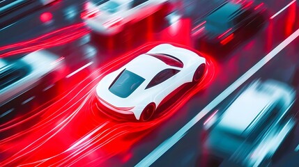 White Sports Car Driving Fast on Highway with Motion Blur