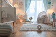 © juliars - Modern baby monitor is placed on the carpet in a bright baby room, providing a sense of security and peace of mind for parents