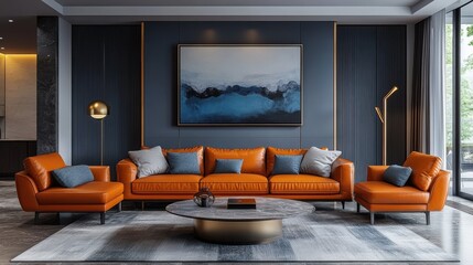 Luxurious modern living room with an orange leather sofa, sleek marble coffee table, and abstract painting. Dark walls, soft lighting, stylish interior design, contemporary furniture