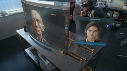 Modern archaeological lab: Two archaeologists in VR headsets study fossil skeleton using augmented reality technology. VFX graphics of virtual display with AI assistant and 3D modeling app interface.