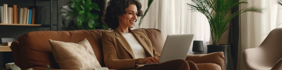 Wall Mural - A woman is sitting on a couch with a laptop in front of her. She is smiling and she is enjoying her time