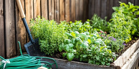 Wall Mural - A wooden planter box overflowing with lush green herbs and a gardening rake leaning against a wooden fence.