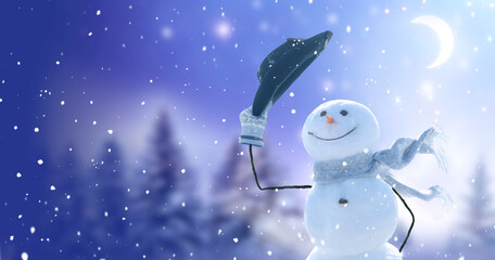 Wall Mural - merry christmas and happy new year greeting background. snowman in a night winter landscape