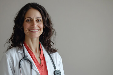 Happy female doctor with stethoscope on white background