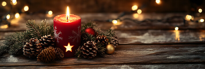 christmas background - first advent sunday - red advent candle with natural xmas decoration, branche