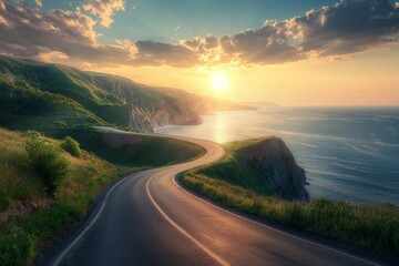 Wall Mural - A beautiful road leading to the horizon, with green hills and cliffs on both sides of it. The sun is setting in front of you. In the distance behind you lies an ocean