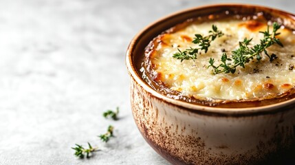 Closeup of a bubbling French onion soup in a ceramic bowl, garnished with herbs and cheese, set against a light background that allows for ample copy space.