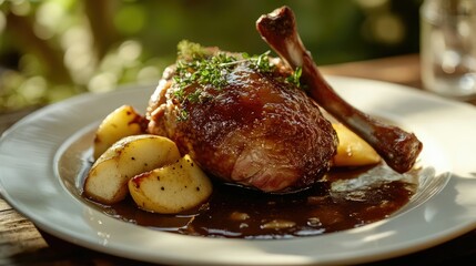 Wall Mural - Closeup of a roasted duck confit leg paired with baked apple and gravy on a white plate, illuminated by soft sunlight, creating a warm and inviting summer dining scene