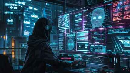 Wall Mural - futuristic night scene of a female programmer coding with holographic displays and ai cybersecurity