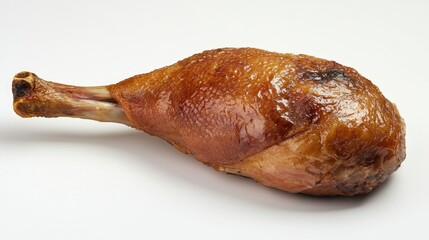 Closeup of a succulent roast duck leg with golden-brown skin, elegantly presented on a white background, emphasizing the dish's rich texture