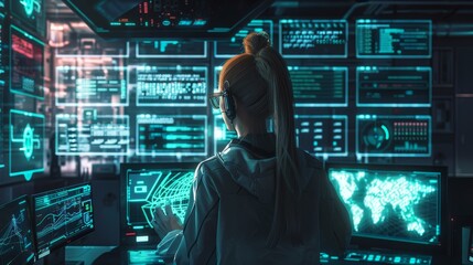 Wall Mural - futuristic scene of a female programmer coding at night with holograms focused on cybersecurity