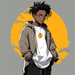 A youth boy with black race in anime cartoon image. The  designs are dynamic and eye-catching.  The anime style brings a sense of fun and creativity. It's a combination of art and commerce.