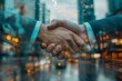 © Planetary Artist - Double exposure of Businessman shaking hands as the trust commitment which Business Partners and factors relationship marketing for reach successful achievement and meeting commit, Generative AI