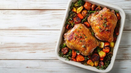 Flat lay of two baked duck thighs with a golden brown crust, served with roasted vegetables on a white wooden background. Perfect for food photography.