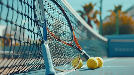 Two tennis rackets and balls leaned against the net